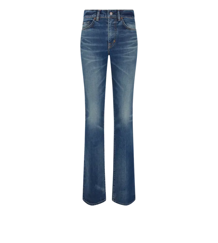 STRETCH RAW DENIM FLARED PANTS MID BLUE online